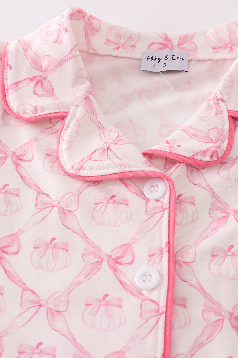 Pink bow tie pumpkin print ruffle pajamas set