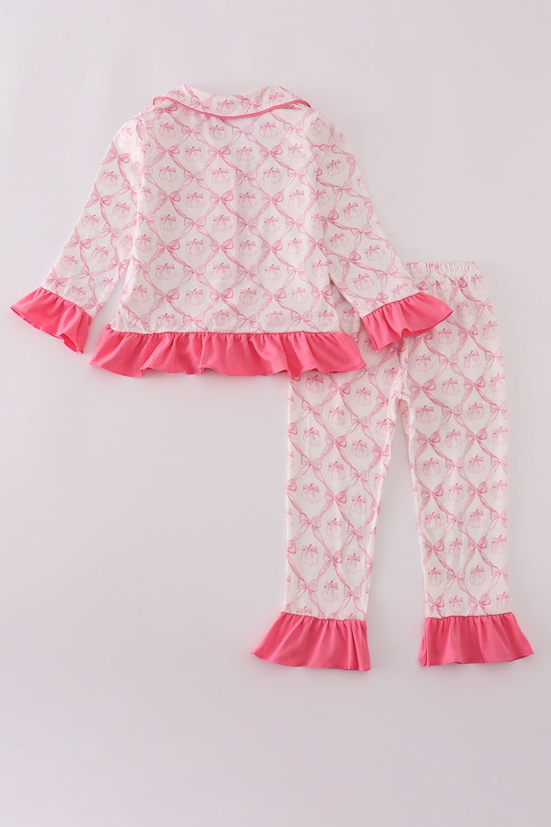 Pink bow tie pumpkin print ruffle pajamas set