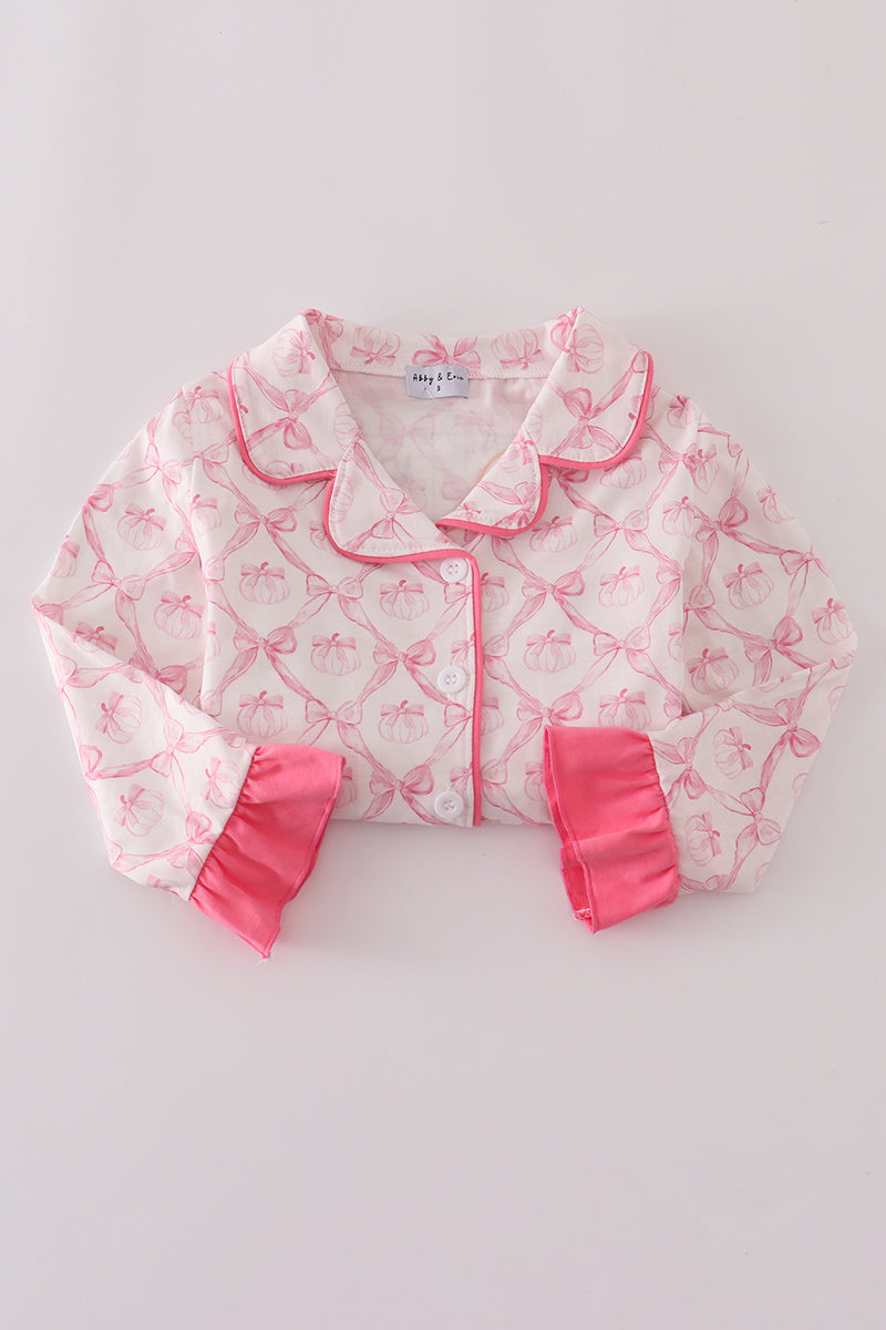 Pink bow tie pumpkin print ruffle pajamas set