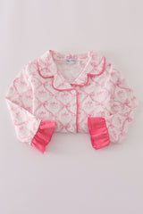 Pink bow tie pumpkin print ruffle pajamas set