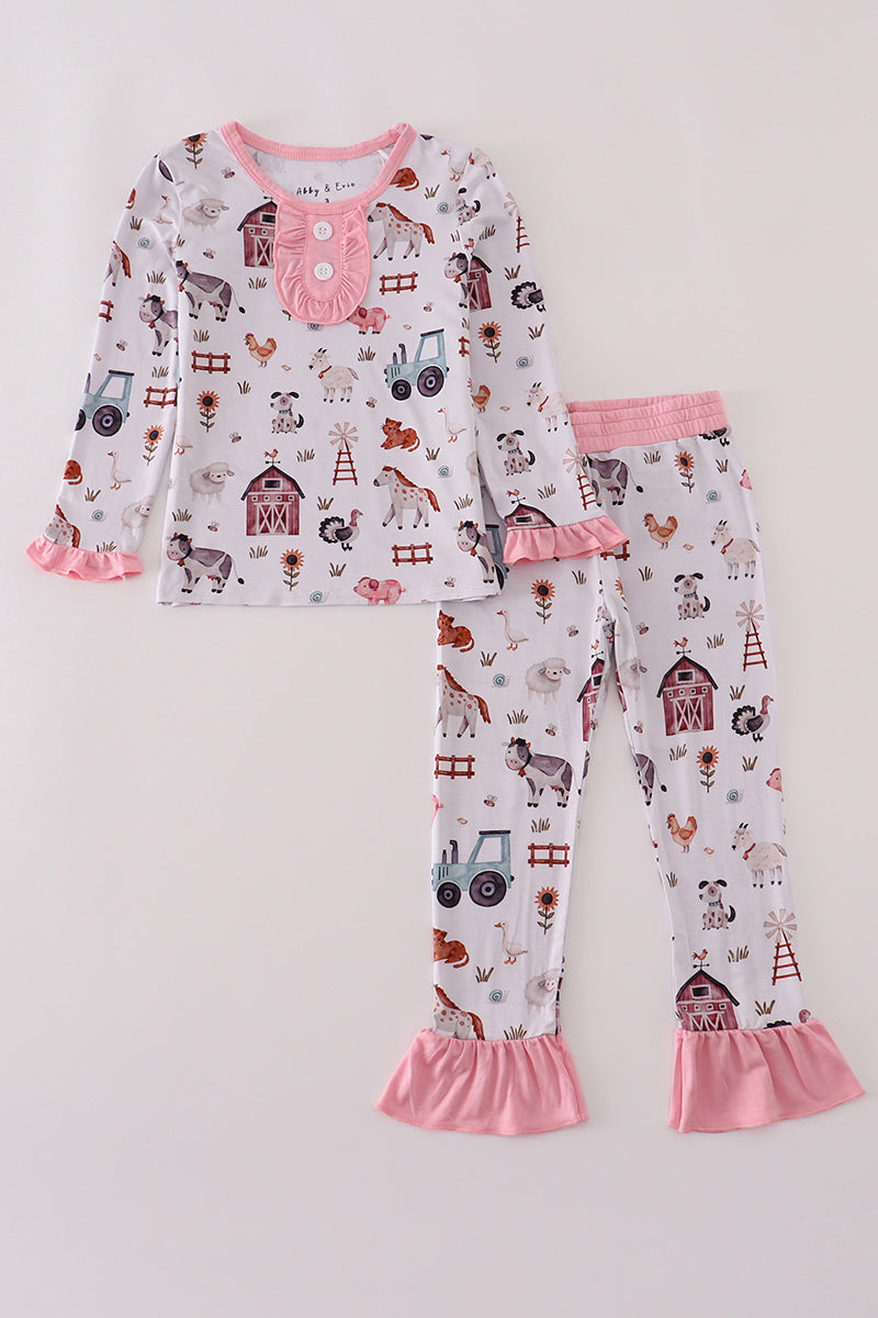 Pink family farm pajamas bamboo ruffle pants set