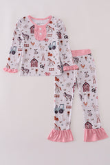 Pink family farm pajamas bamboo ruffle pants set