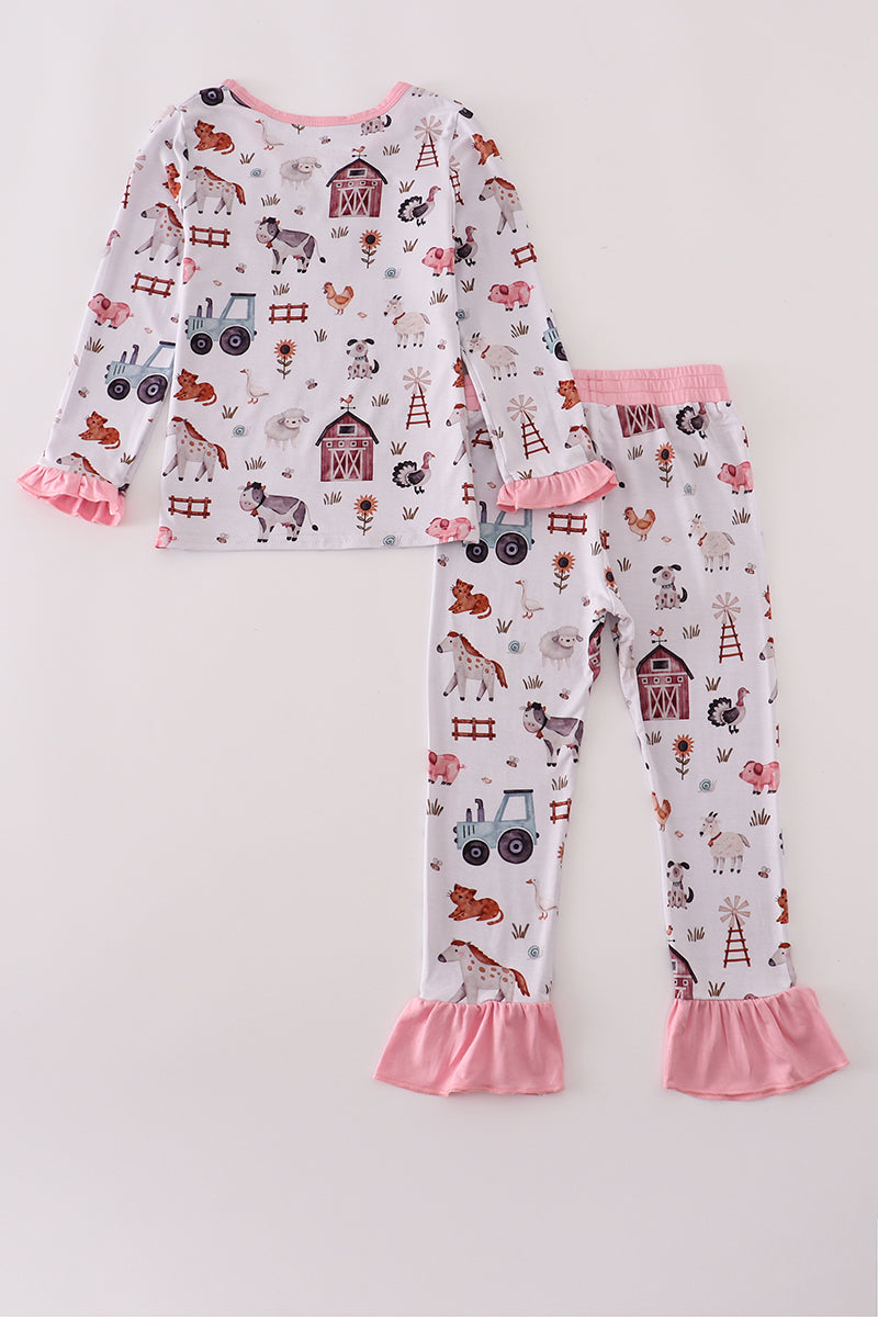Pink family farm pajamas bamboo ruffle pants set