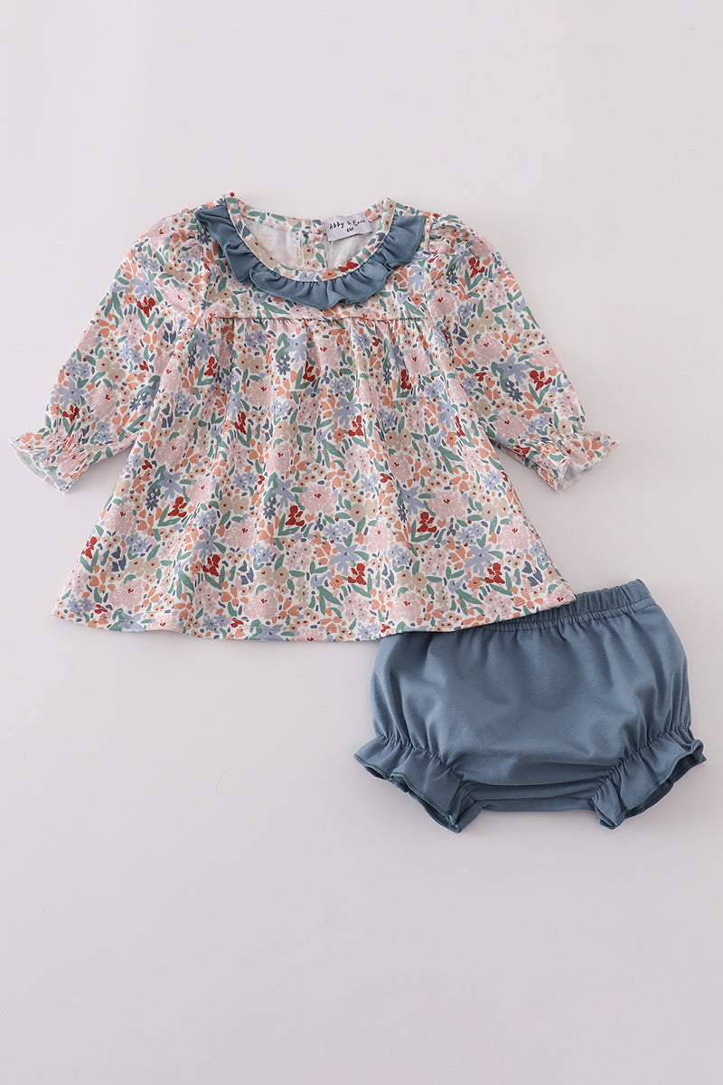 Blue floral print ruffle bloomer set
