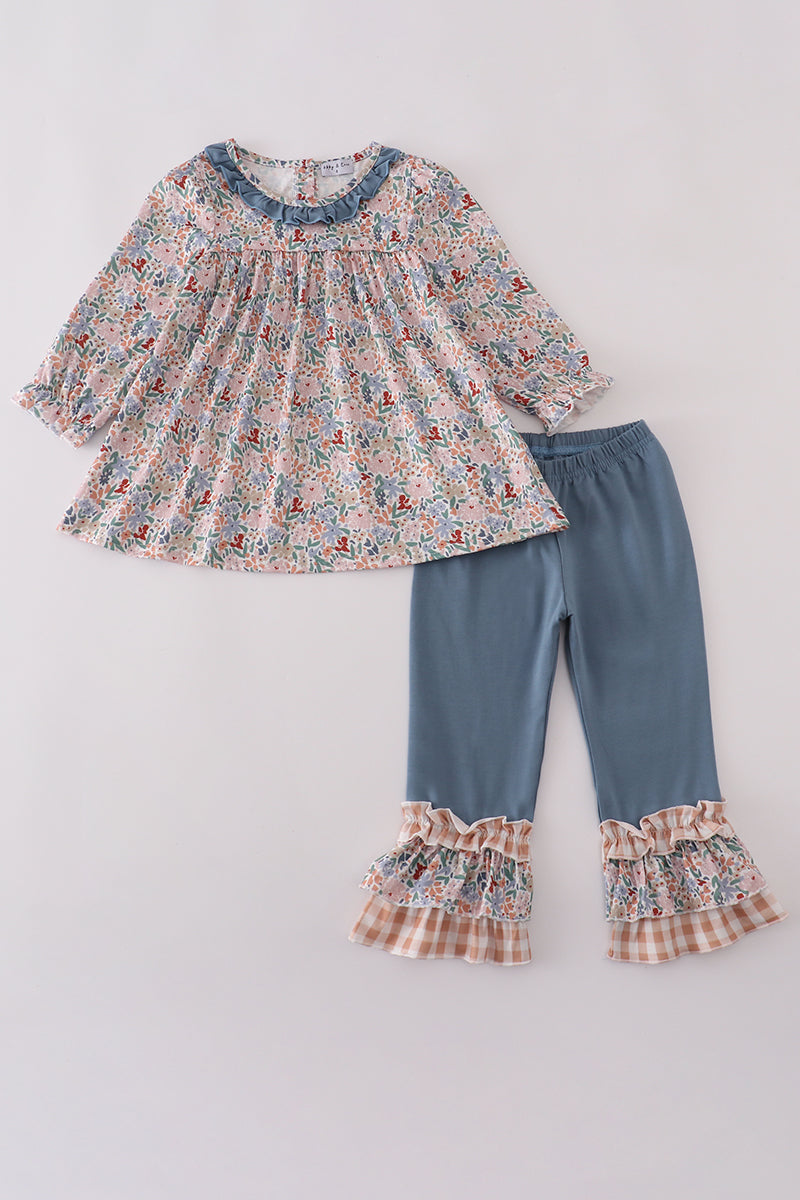 Blue floral print ruffle pants set