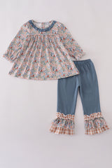 Blue floral print ruffle pants set