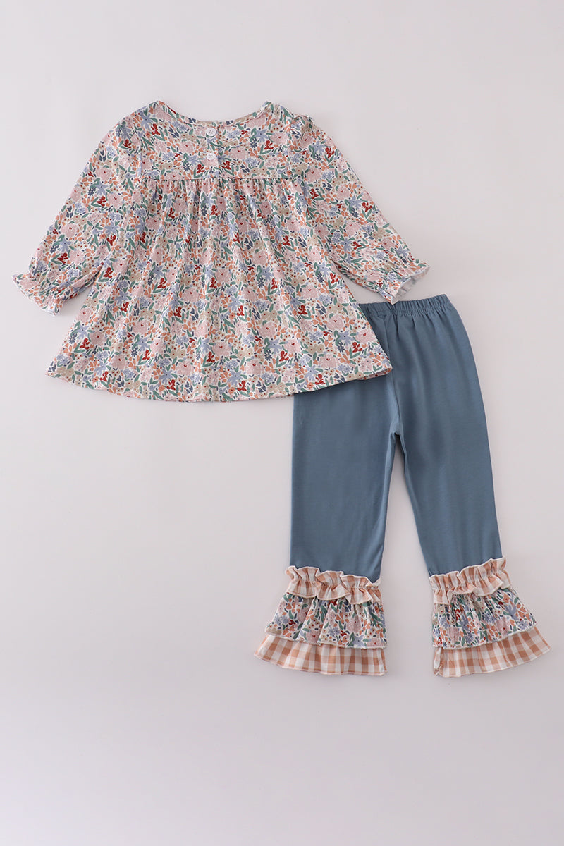 Blue floral print ruffle pants set