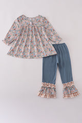 Blue floral print ruffle pants set