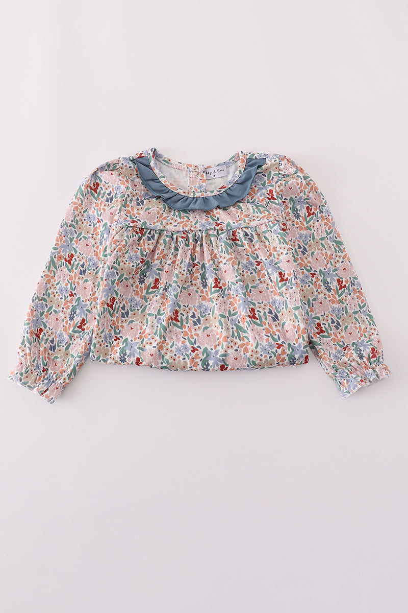Blue floral print ruffle pants set