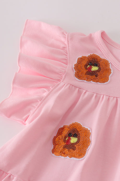 Pink turkey pumpkin sequin tiered ruffle dress