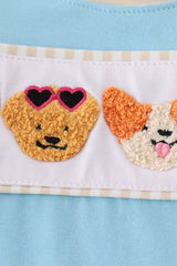 Blue puppy french knot romper