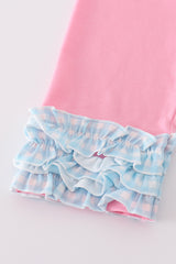 Blue farm embroidery gingham ruffle pants set