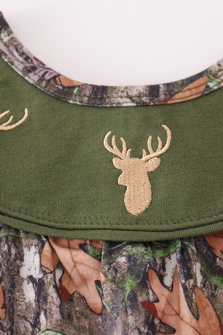 Forest hunting deer embroidery ruffle romper