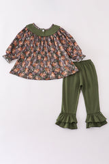 Forest hunting deer embroidery ruffle pants set