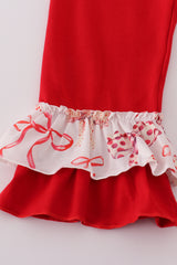 Red bow smocked ruffle pants set
