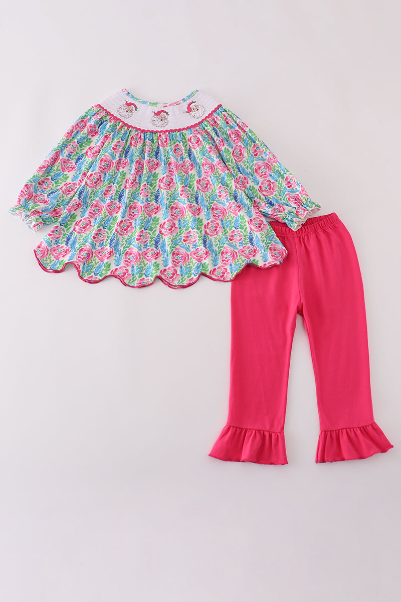Pink paradise santa claus smocked ruffle pants set