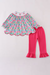 Pink paradise santa claus smocked ruffle pants set