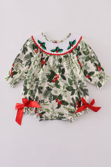 Green holly floral smocked bow bubble