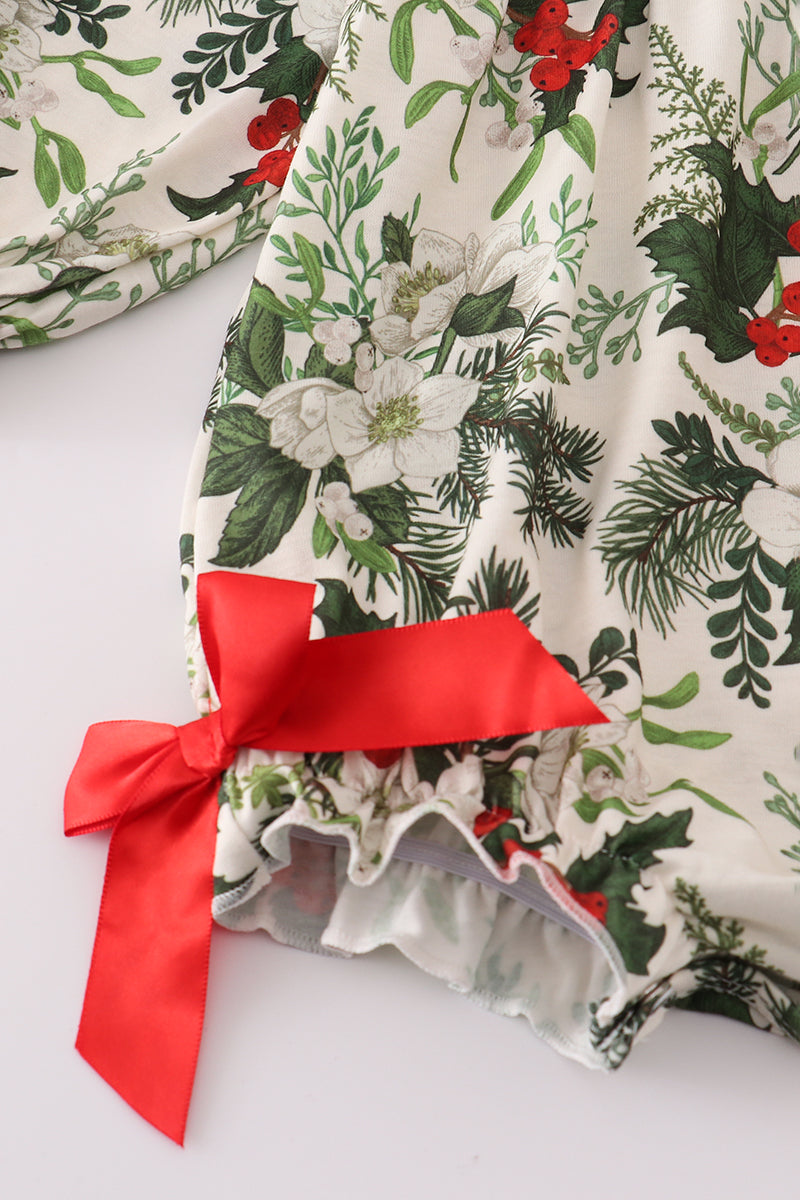 Green holly floral smocked bow bubble
