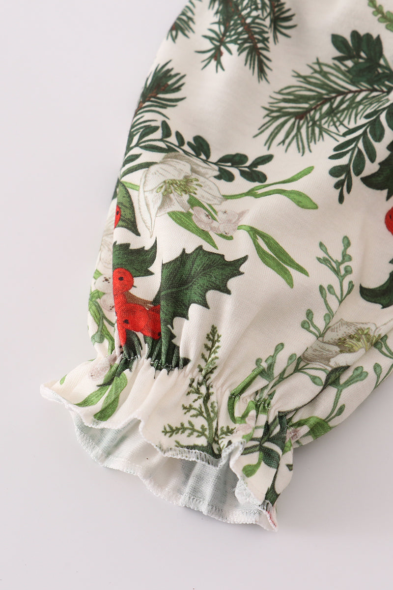 Green holly floral smocked bow bubble