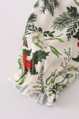Green holly floral smocked bow bubble