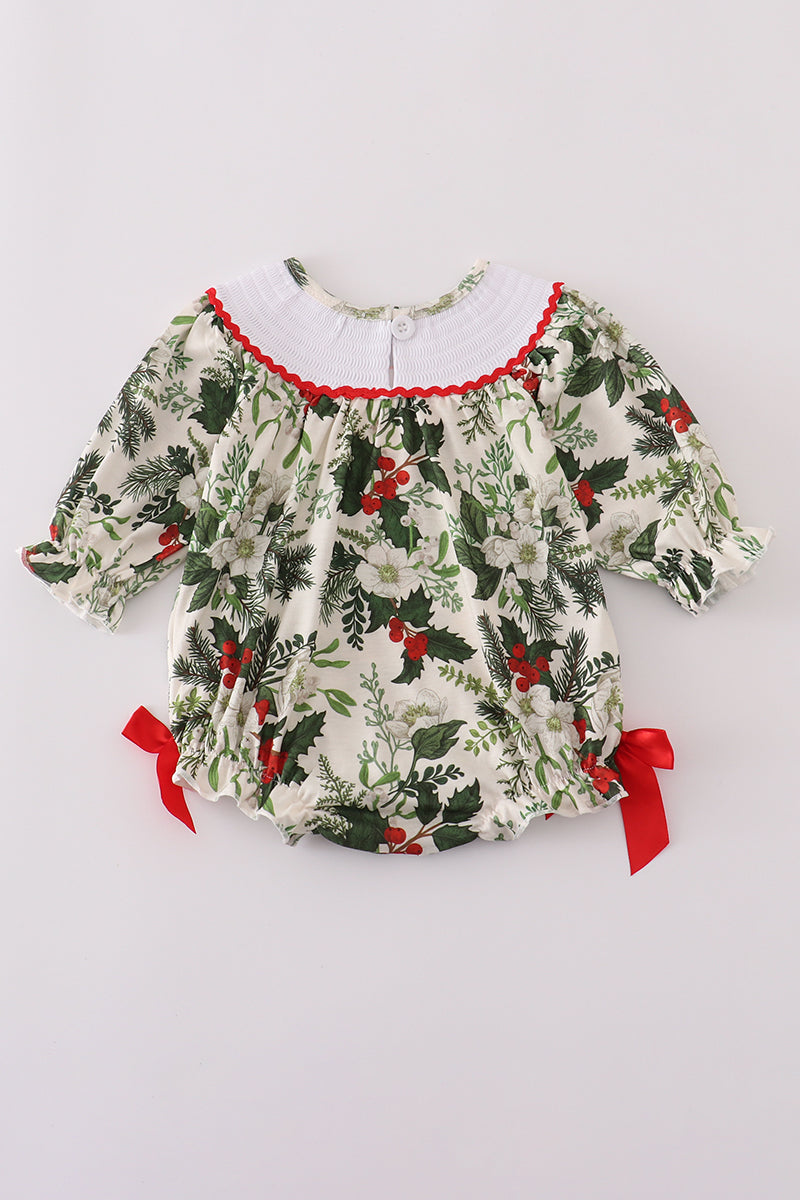 Green holly floral smocked bow bubble