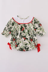 Green holly floral smocked bow bubble
