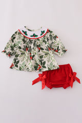 Green holly floral smocked bow bloomer set