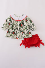 Green holly floral smocked bow bloomer set