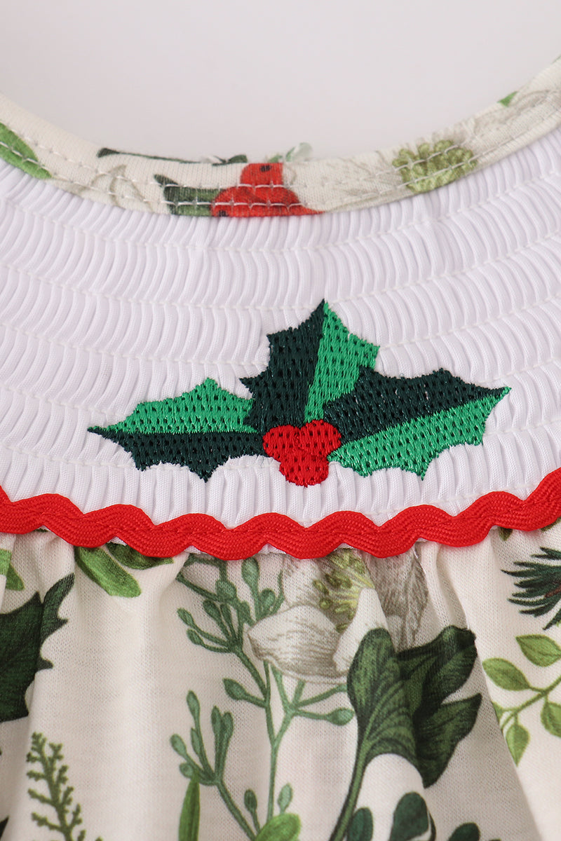 Green holly floral smocked bow bloomer set