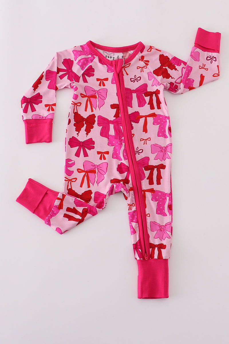 Pink bow print bamboo romper
