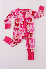 Pink bow print bamboo romper