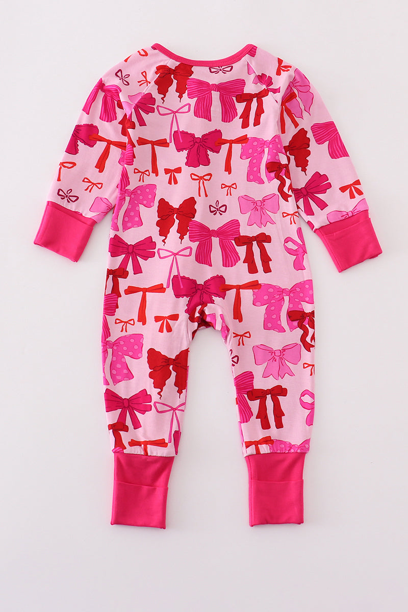 Pink bow print bamboo romper