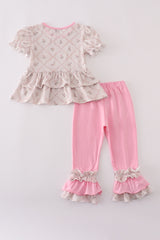 Pink floral print ruffle pants set