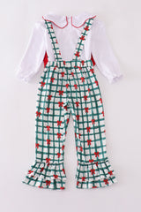 Green bow plaid jumpsuit set