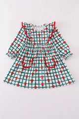 Green bow plaid ruffle dress