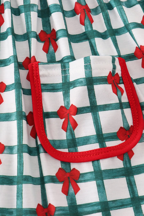 Green bow plaid ruffle dress