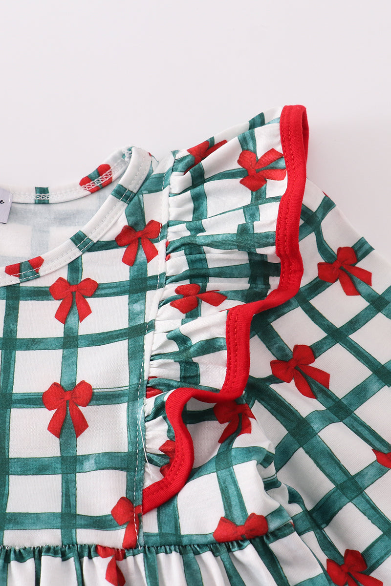 Green bow plaid ruffle dress