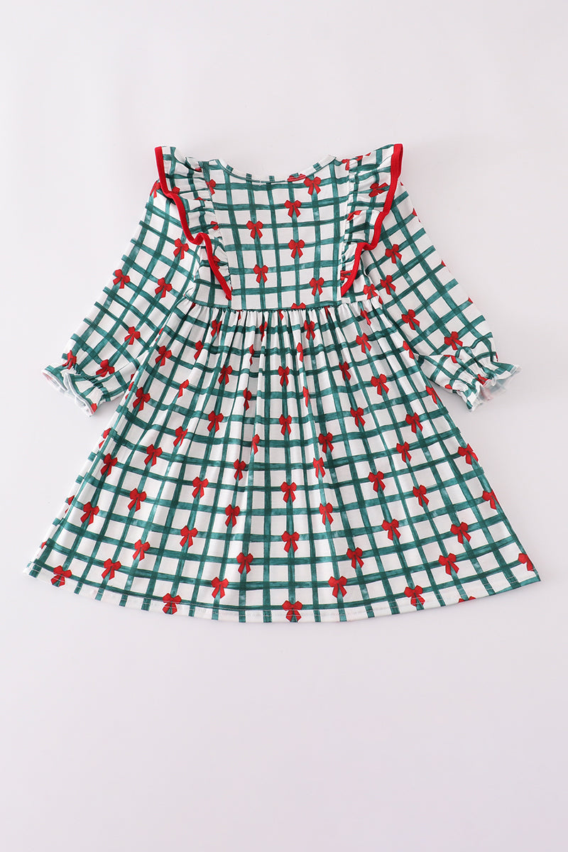Green bow plaid ruffle dress