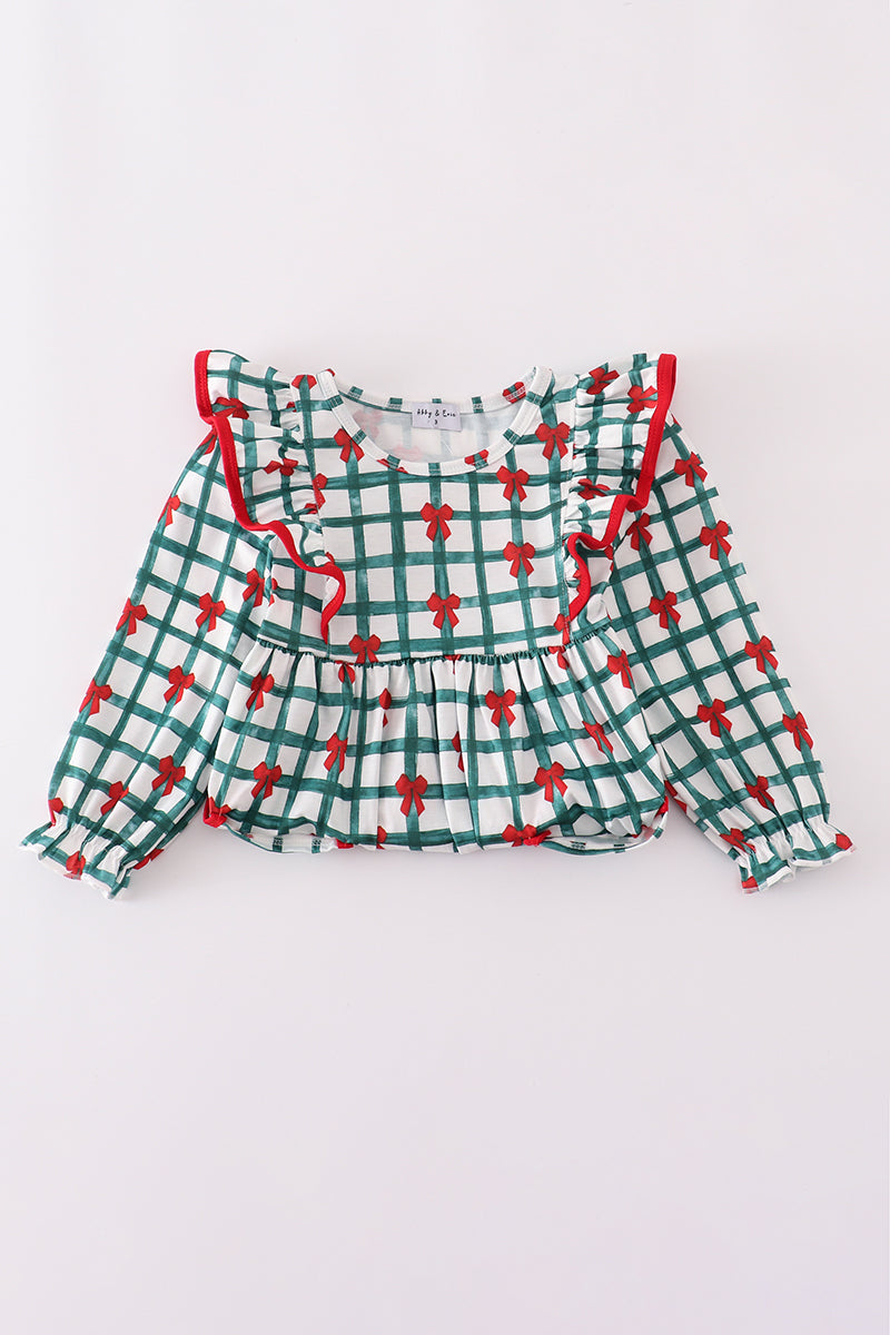 Green bow plaid ruffle dress