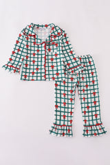 Green bow plaid ruffle pajamas set