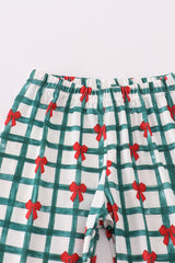 Green bow plaid ruffle pajamas set