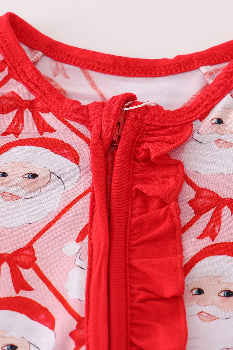 Red santa claus print bamboo pajamas ruffle romper