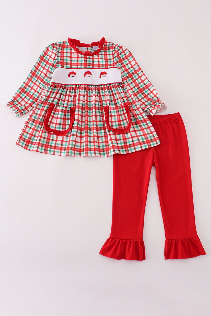 Red santa claus embroidery plaid ruffle pants set