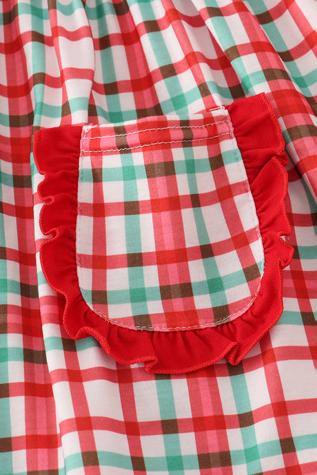 Red santa claus embroidery plaid ruffle pants set