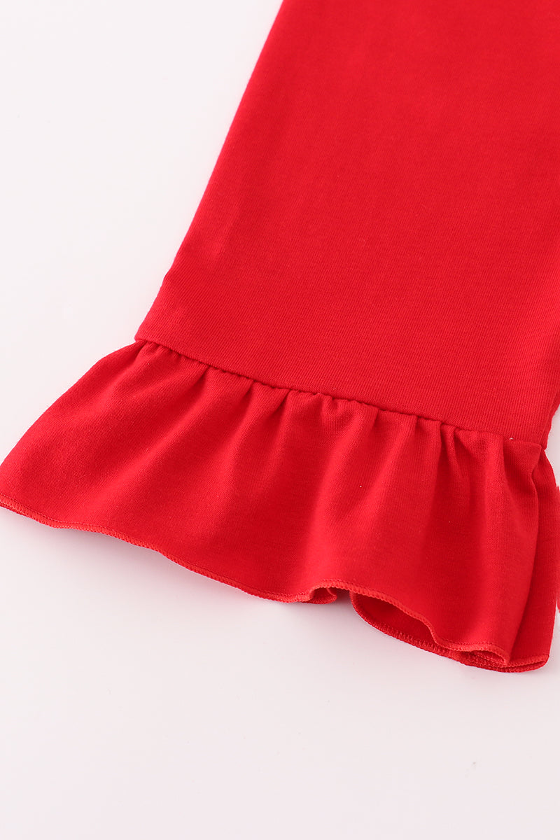 Red santa claus embroidery plaid ruffle pants set