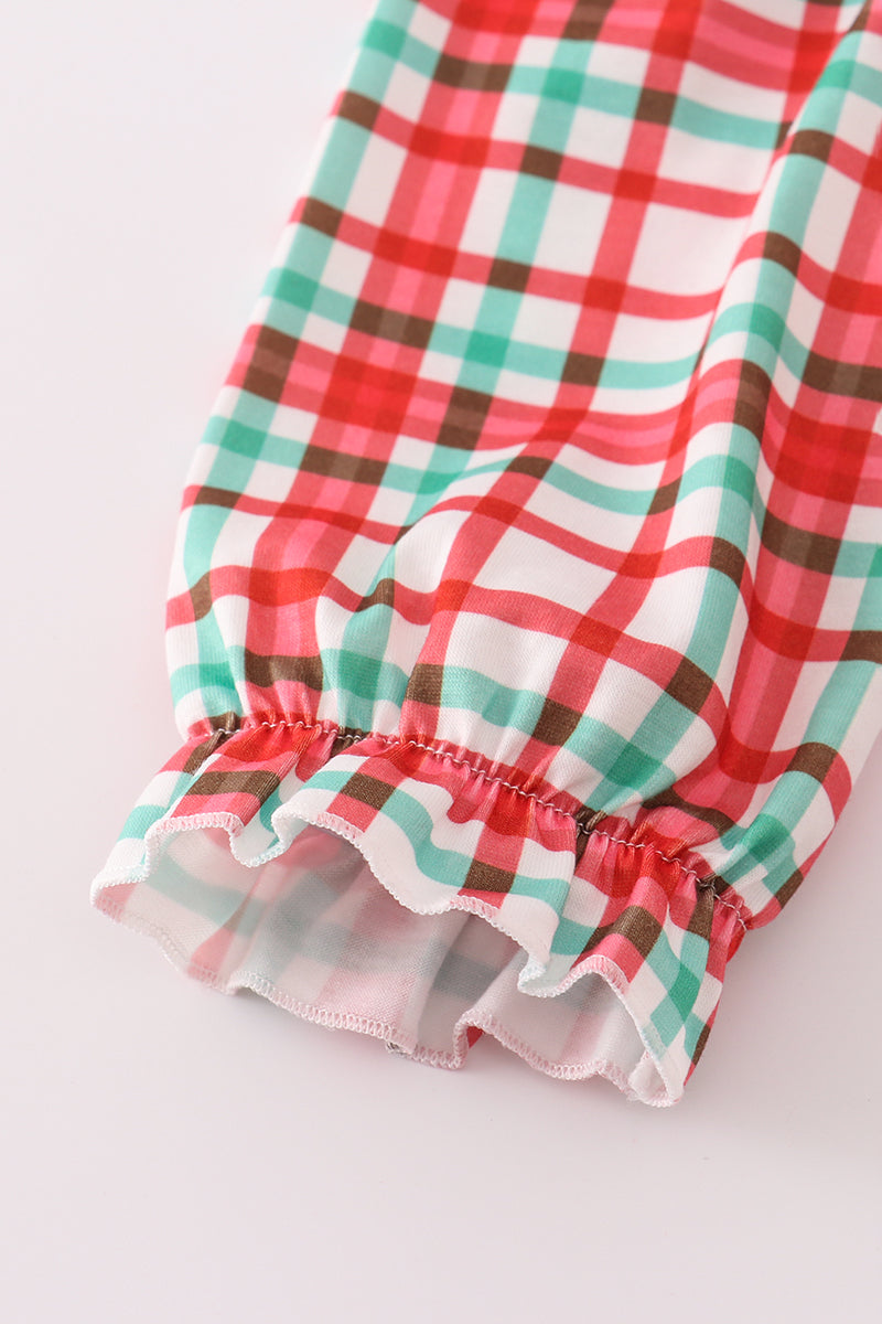 Red santa claus embroidery plaid ruffle pants set