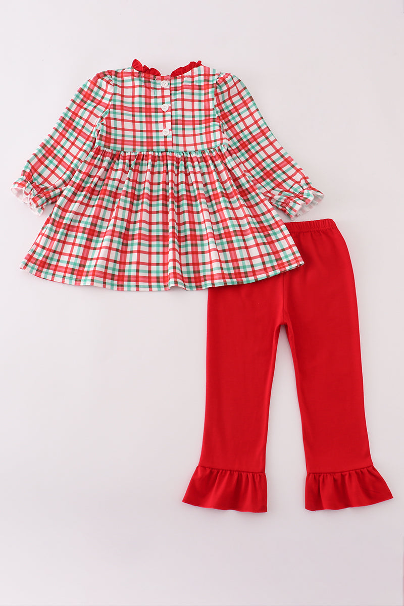 Red santa claus embroidery plaid ruffle pants set