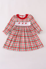 Red santa claus embroidery plaid ruffle dress