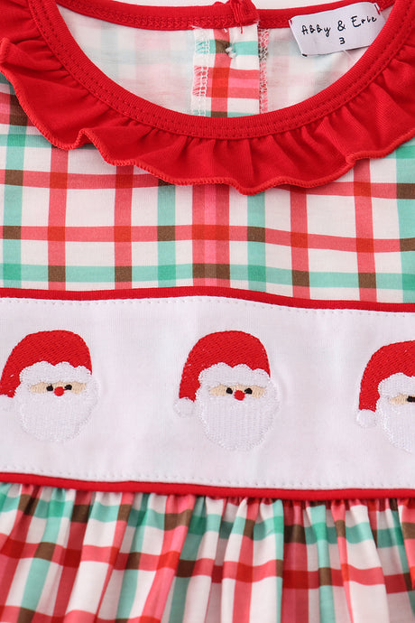 Red santa claus embroidery plaid ruffle dress